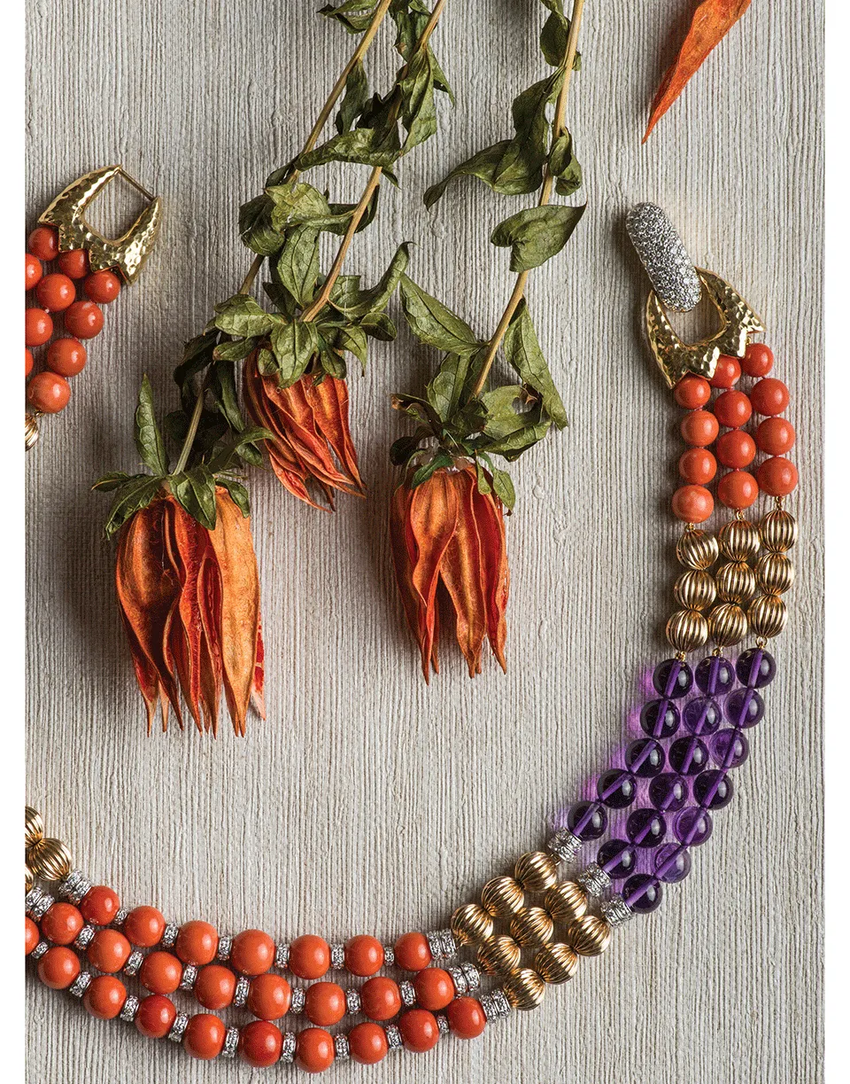 Coral and Amethyst Bead Necklace