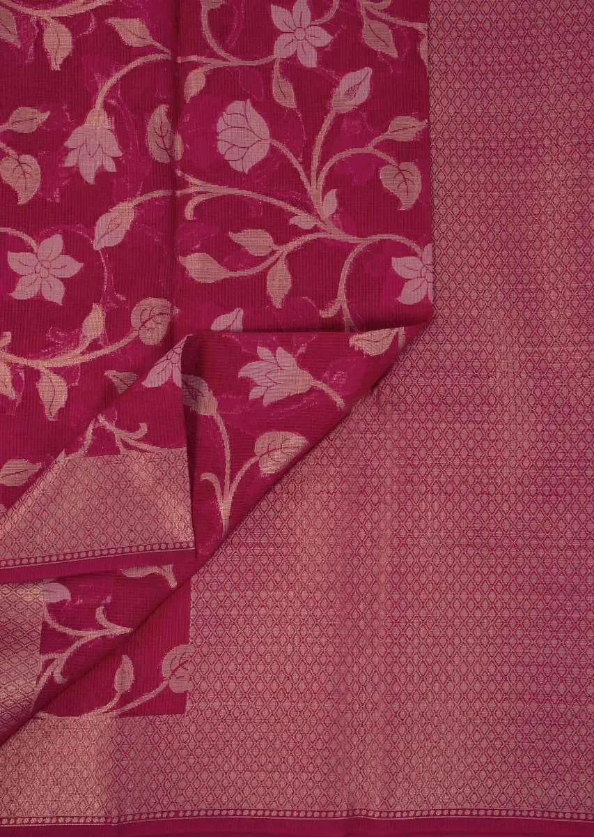 Coral red tussar silk saree with weaved work in floral motif only on Kalki