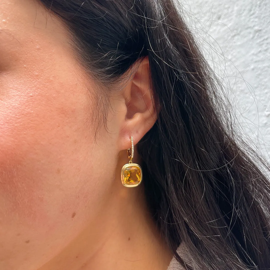 Cushion Citrine & Diamond Pavé 18K Yellow Gold Drop Earrings