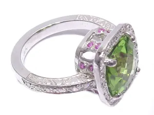 Cushion-Shaped Peridot Pavé Diamond   Pink Sapphire Ring