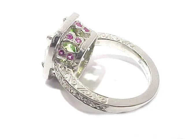 Cushion-Shaped Peridot Pavé Diamond   Pink Sapphire Ring