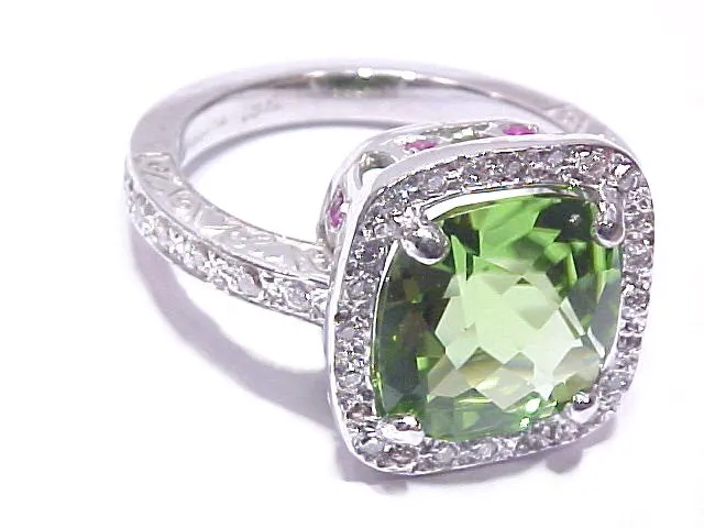 Cushion-Shaped Peridot Pavé Diamond   Pink Sapphire Ring
