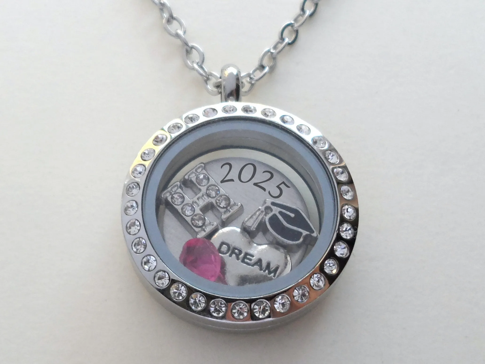 Custom 2025 Graduate Circle Floating Charm Locket Necklace with Engraved Disc Charm, Stainless Steel Locket, Graduation Gift, Good Luck on the Path Ahead