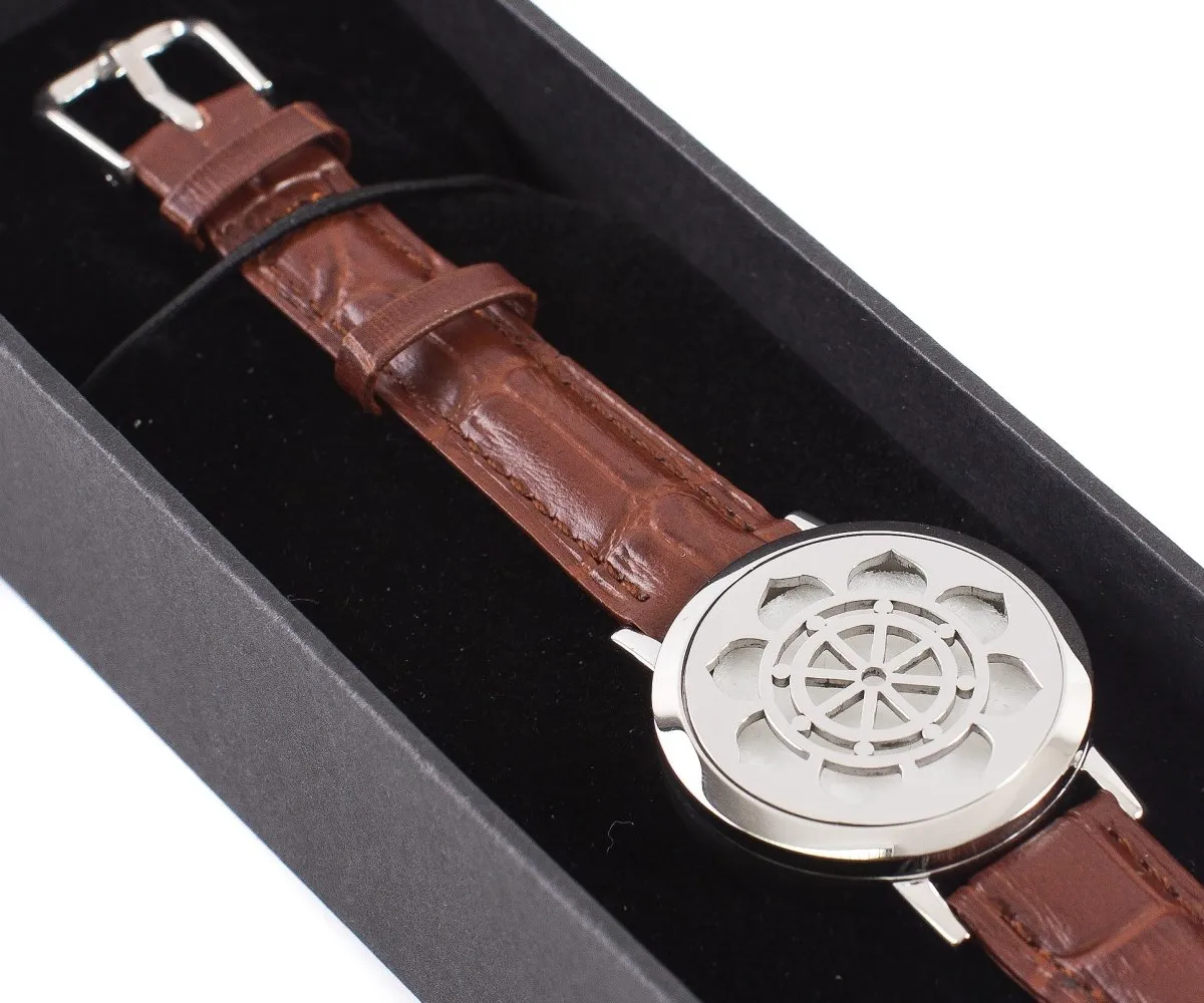 Dharma Wheel | Aromatherapy Oil Diffuser Bracelet with Adjustable Leather Strap