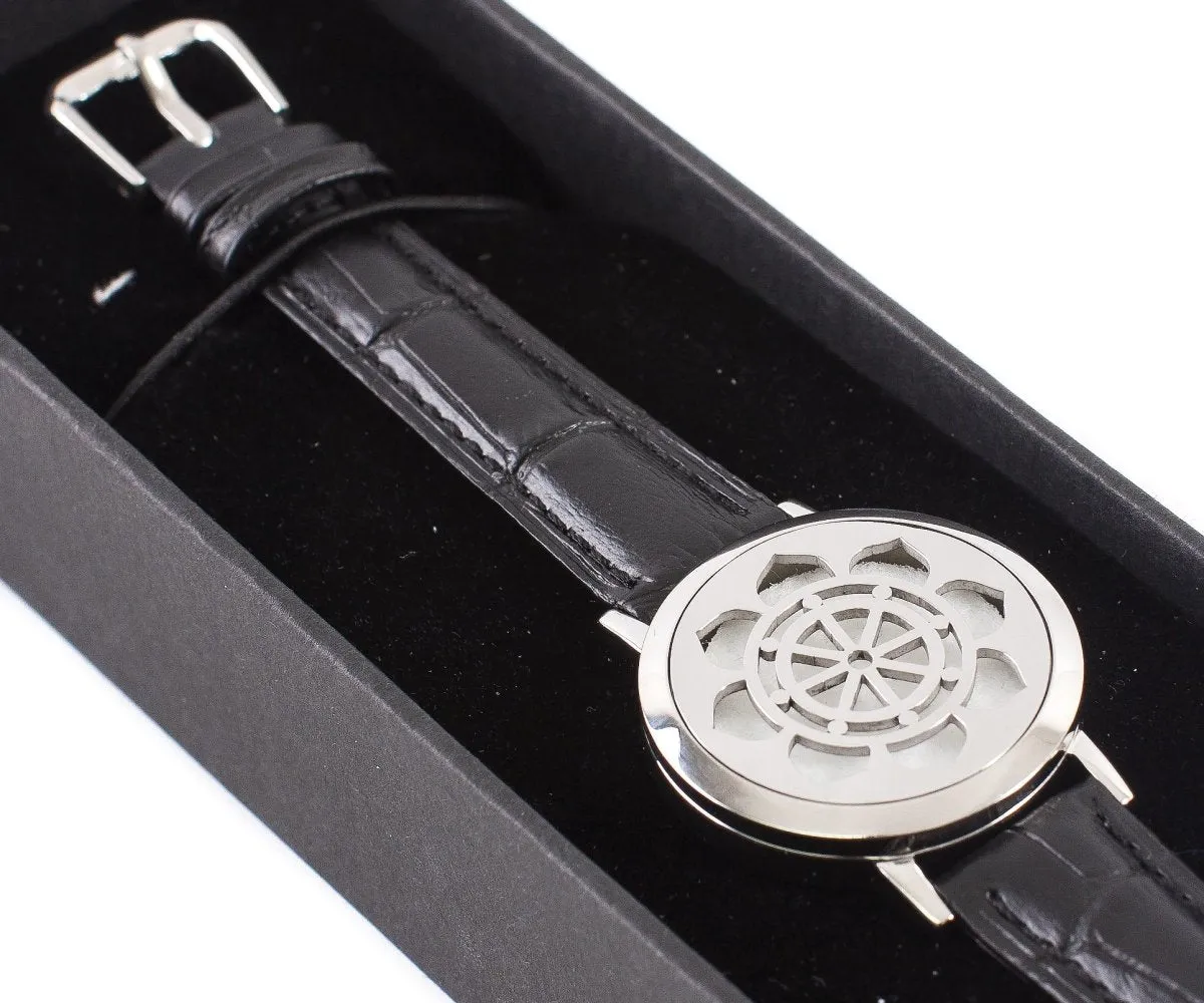 Dharma Wheel | Aromatherapy Oil Diffuser Bracelet with Adjustable Leather Strap