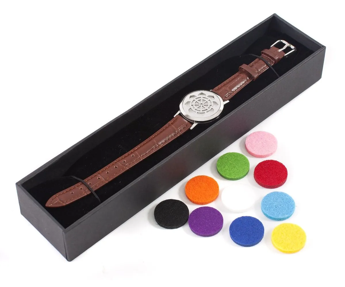 Dharma Wheel | Aromatherapy Oil Diffuser Bracelet with Adjustable Leather Strap
