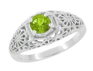 Edwardian Flowers Filigree Peridot Promise Ring in Sterling Silver