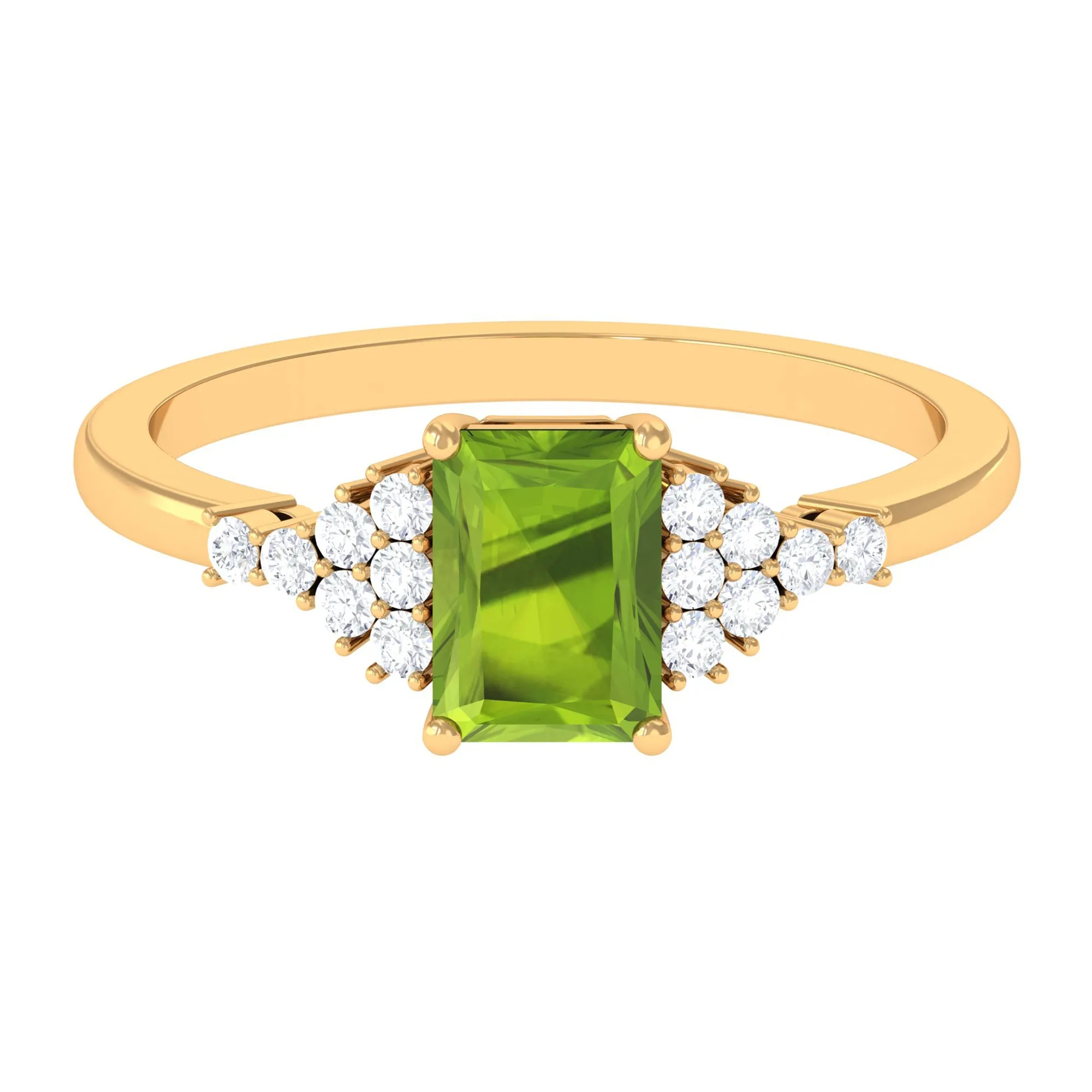 Emerald Cut Peridot and Diamond Solitaire Engagement Ring