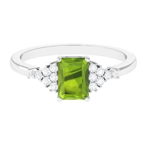 Emerald Cut Peridot and Diamond Solitaire Engagement Ring