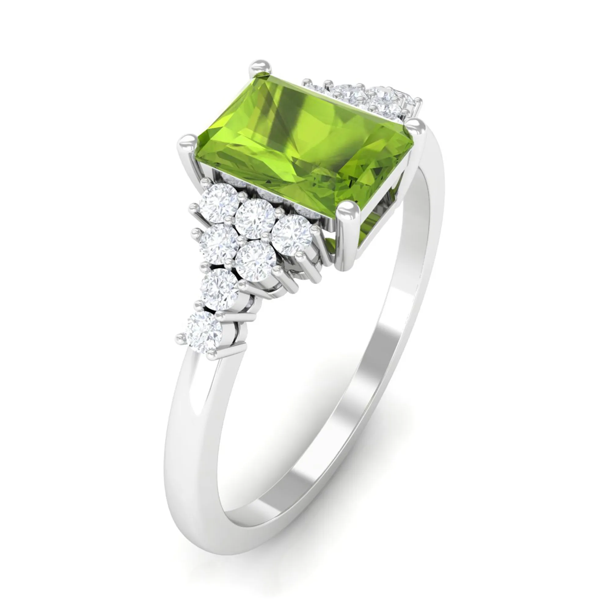 Emerald Cut Peridot and Diamond Solitaire Engagement Ring