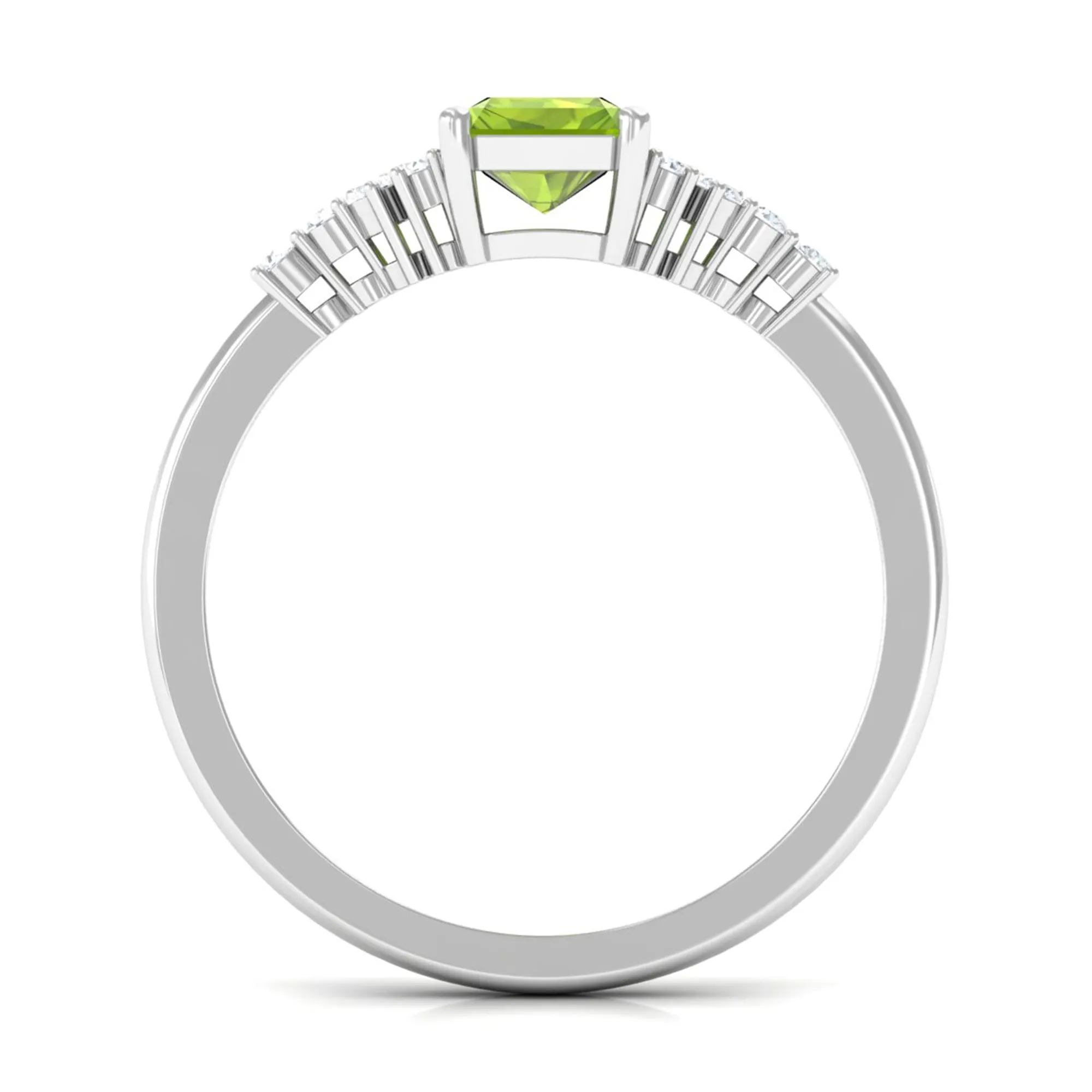 Emerald Cut Peridot and Diamond Solitaire Engagement Ring