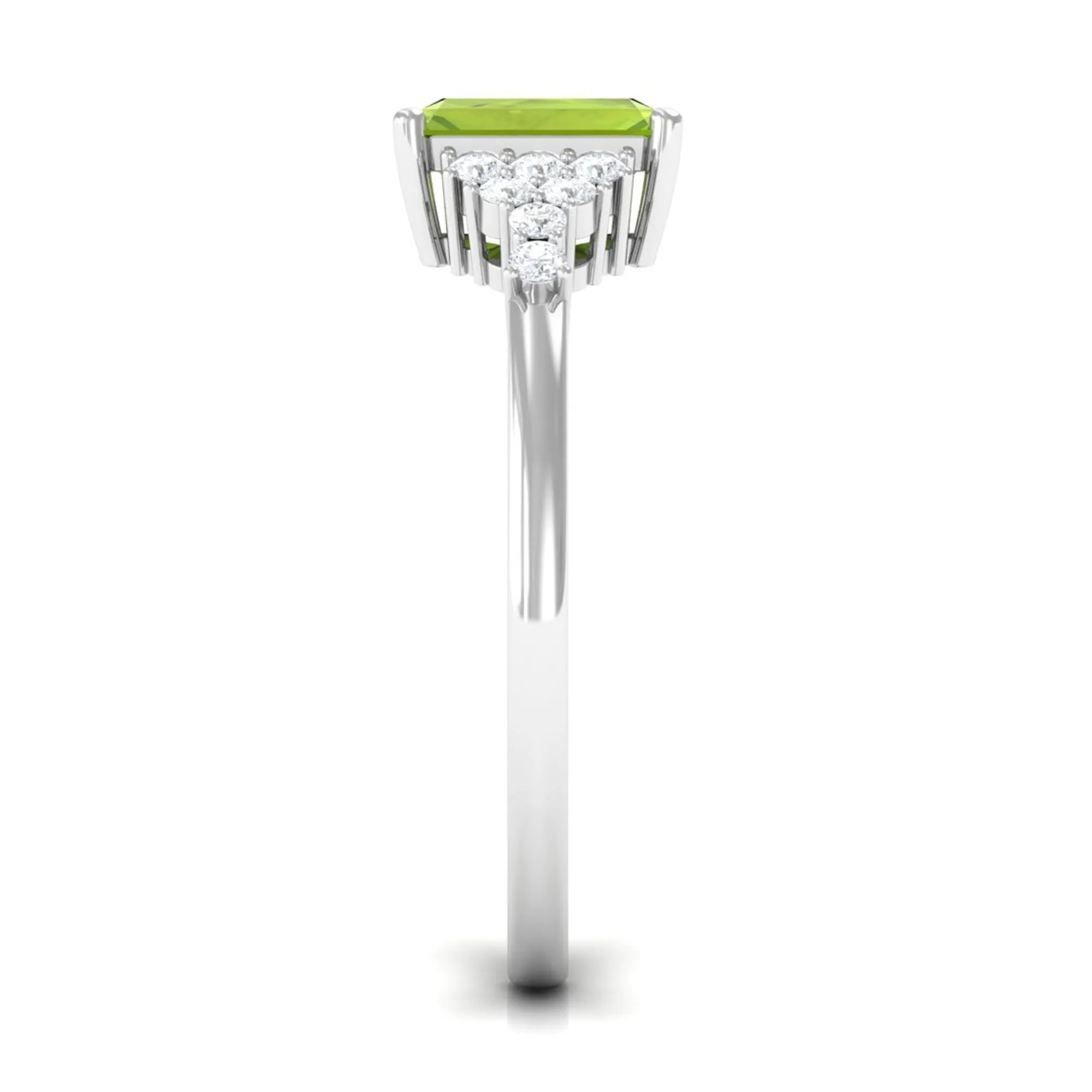 Emerald Cut Peridot and Diamond Solitaire Engagement Ring