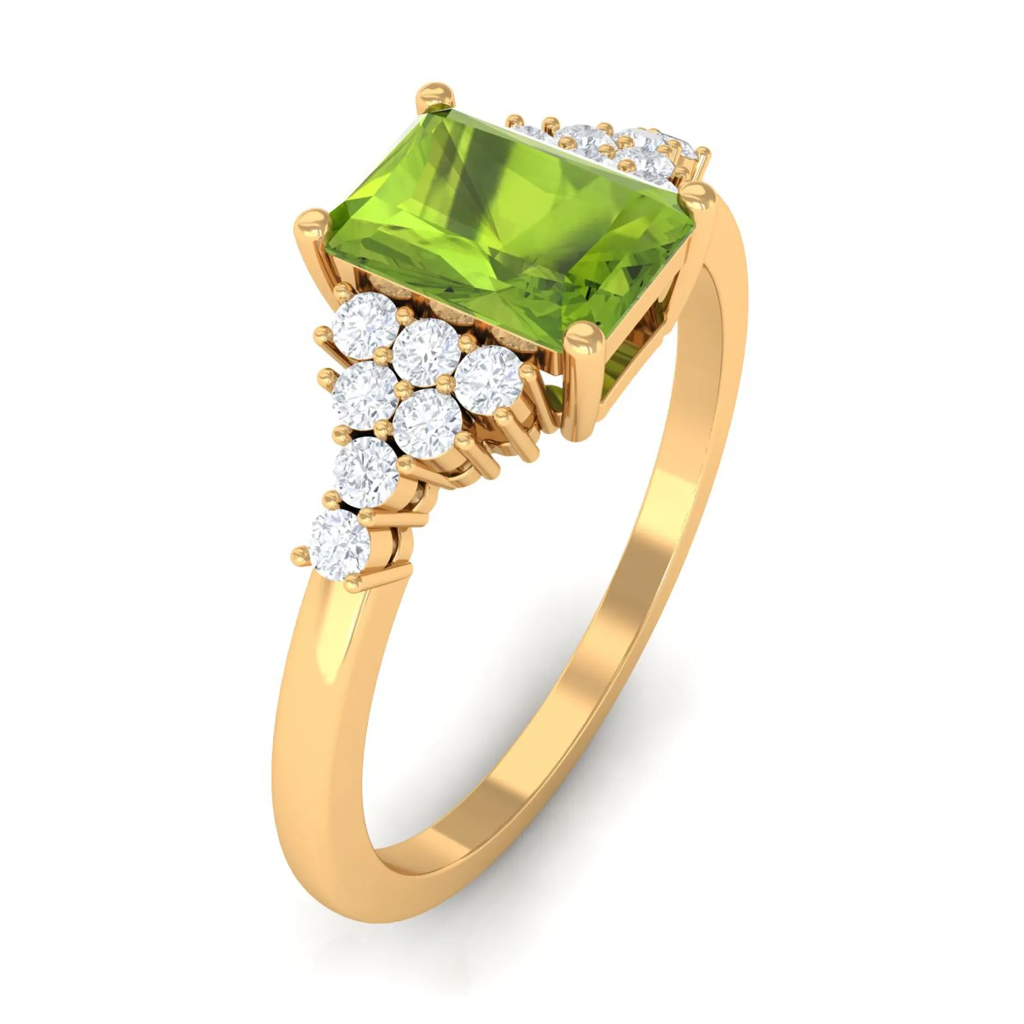 Emerald Cut Peridot and Diamond Solitaire Engagement Ring