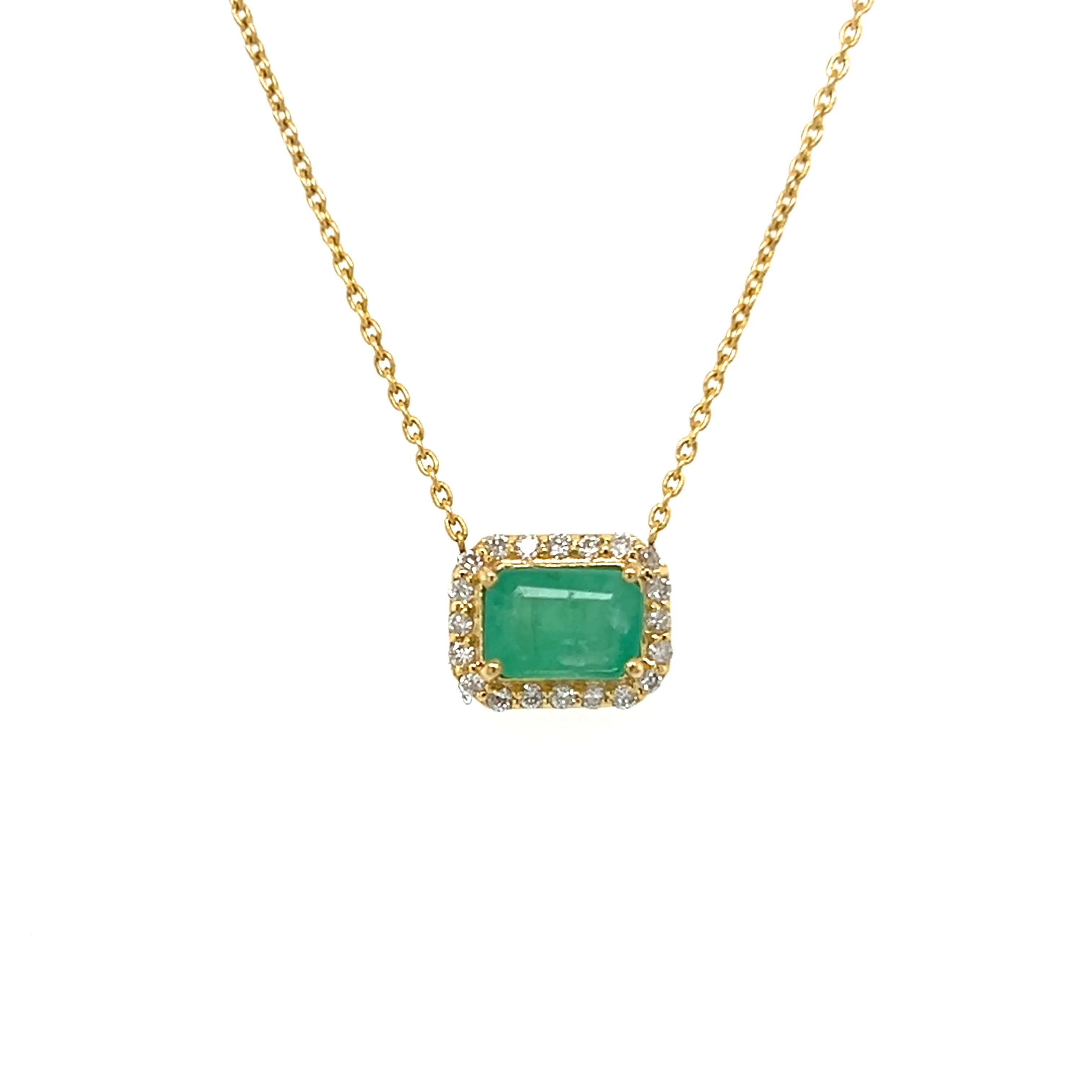 Emerald Solitaire with Diamond Halo Necklace