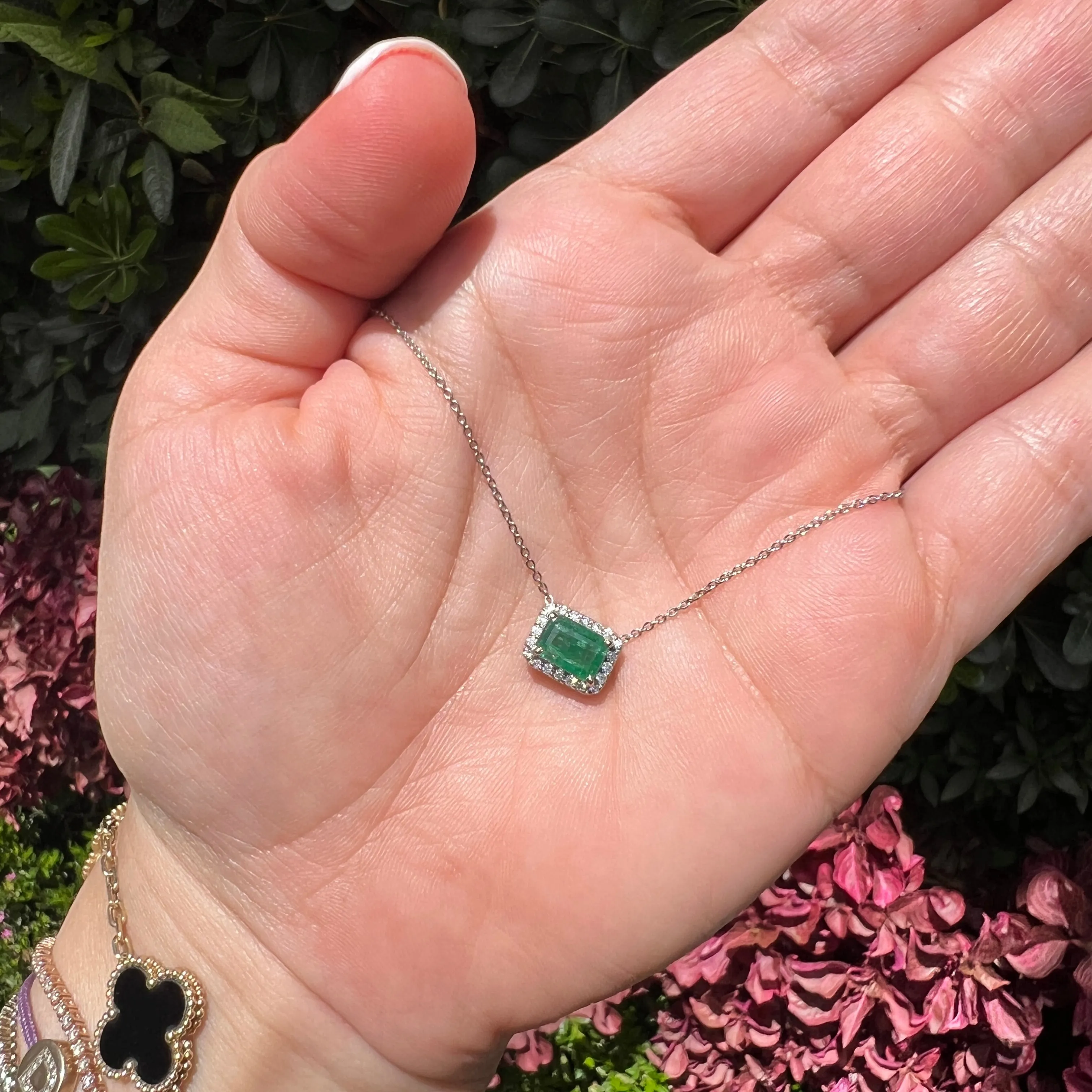 Emerald Solitaire with Diamond Halo Necklace