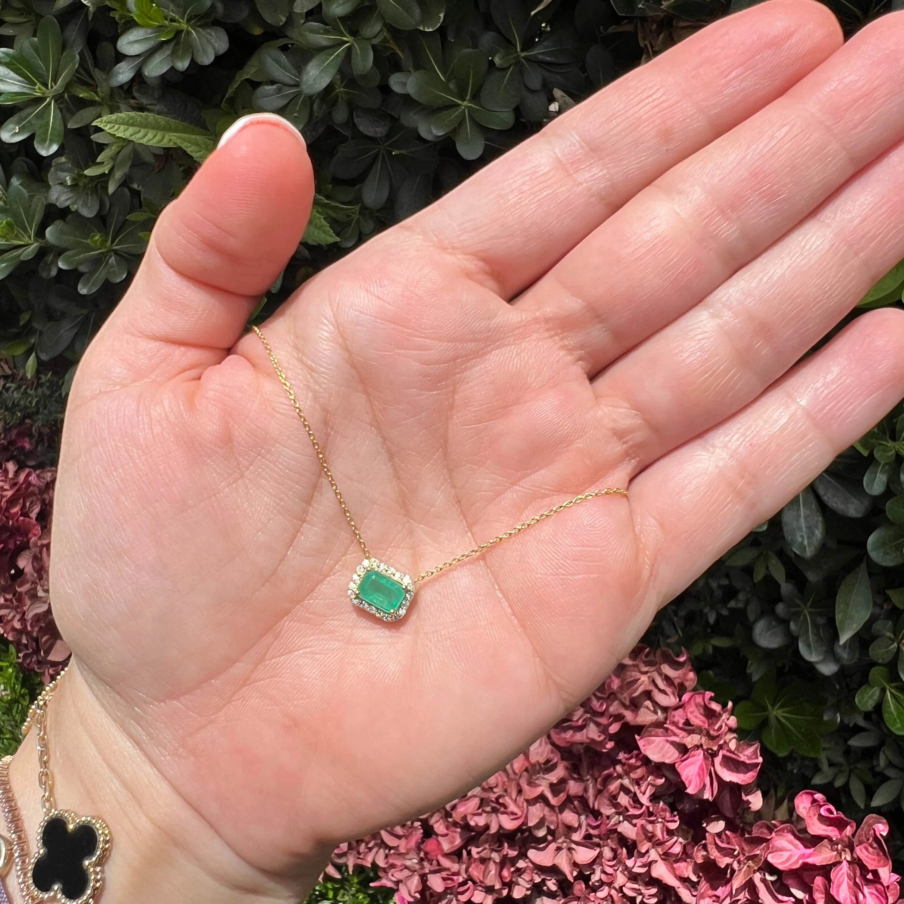 Emerald Solitaire with Diamond Halo Necklace