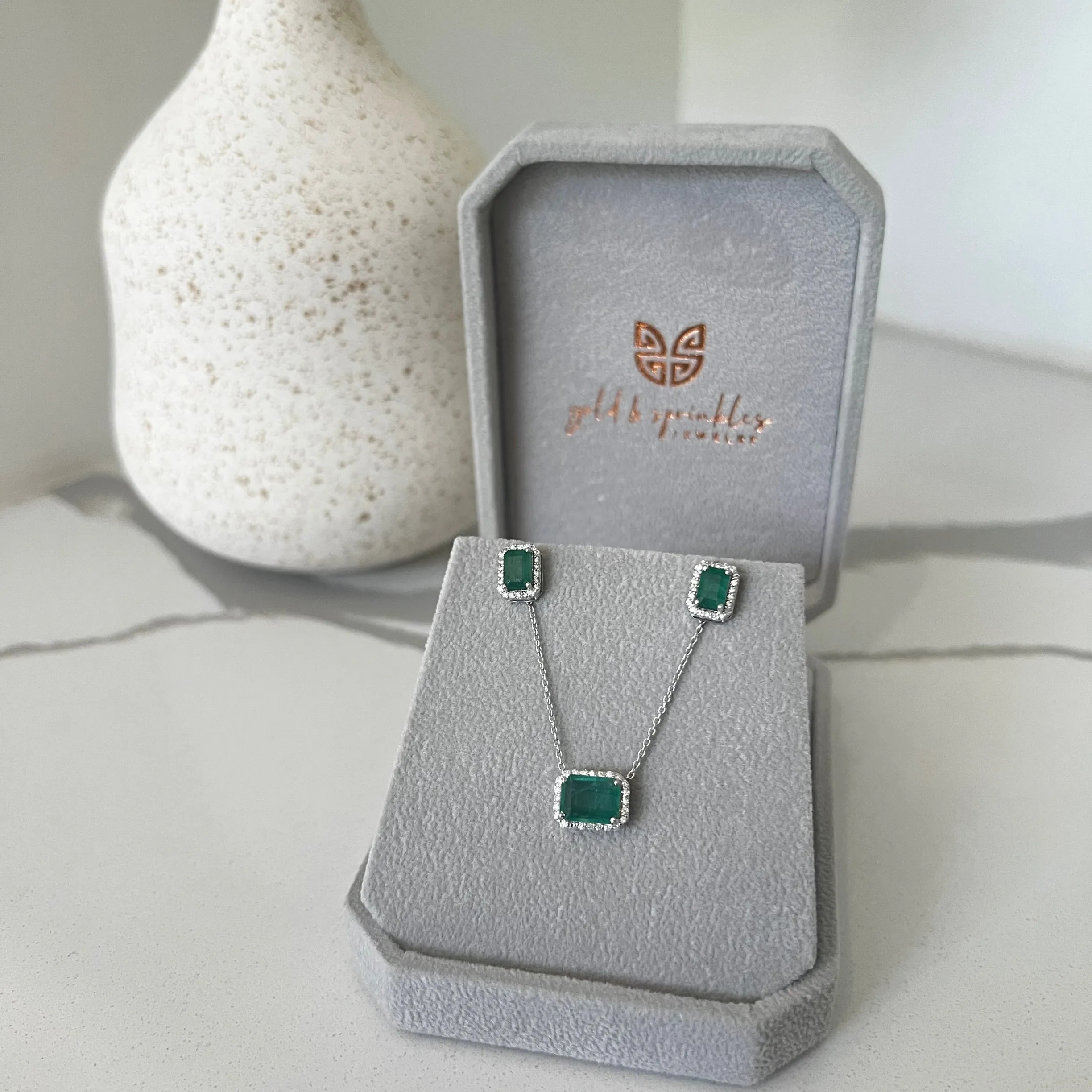 Emerald Solitaire with Diamond Halo Necklace