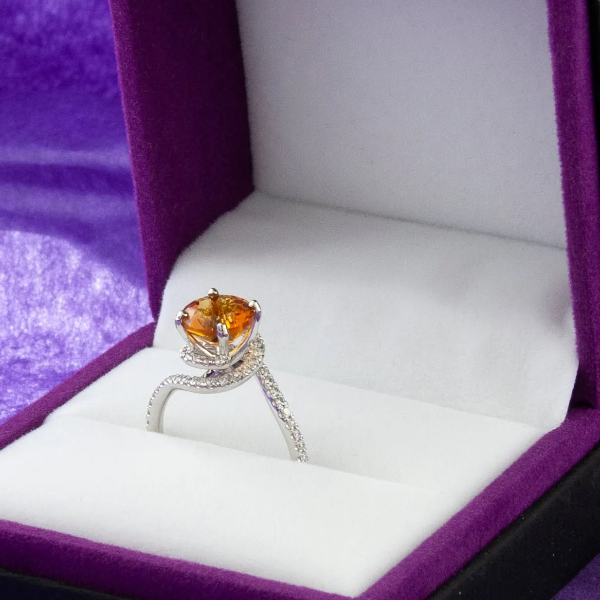 Fancy Cut Citrine and Diamond Swirl Halo Ring