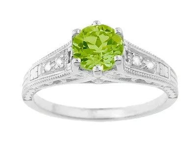 Filigree Art Deco Peridot Engagement Ring in Platinum with Side Diamonds