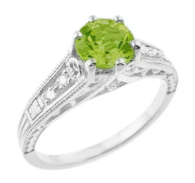 Filigree Art Deco Peridot Engagement Ring in Platinum with Side Diamonds
