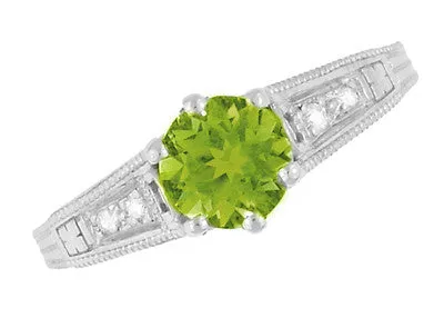 Filigree Art Deco Peridot Engagement Ring in Platinum with Side Diamonds