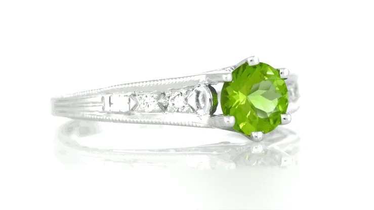 Filigree Art Deco Peridot Engagement Ring in Platinum with Side Diamonds