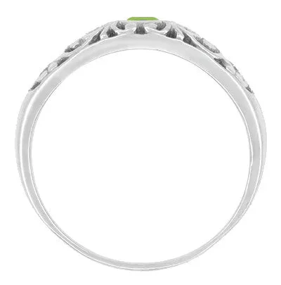 Filigree Scroll Edwardian Peridot Ring in 14 Karat White Gold
