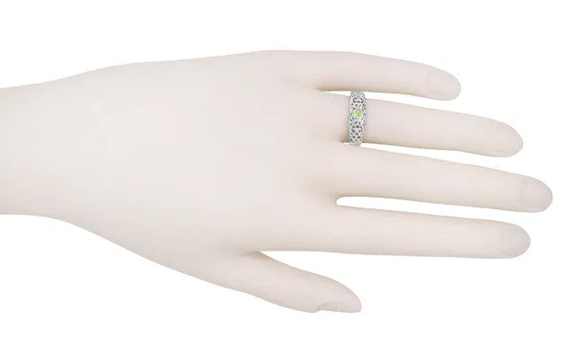Filigree Scroll Edwardian Peridot Ring in 14 Karat White Gold