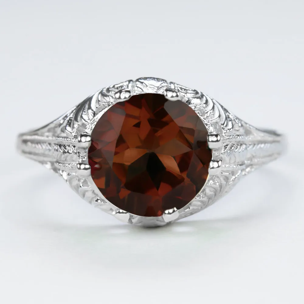 GARNET STERLING SILVER RING VINTAGE STYLE SOLITAIRE FILIGREE RED ROUND ART DECO