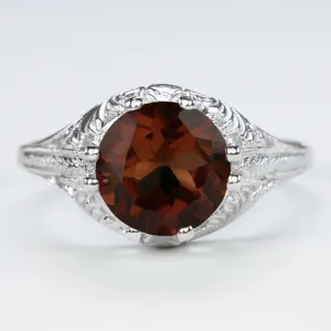 GARNET STERLING SILVER RING VINTAGE STYLE SOLITAIRE FILIGREE RED ROUND ART DECO
