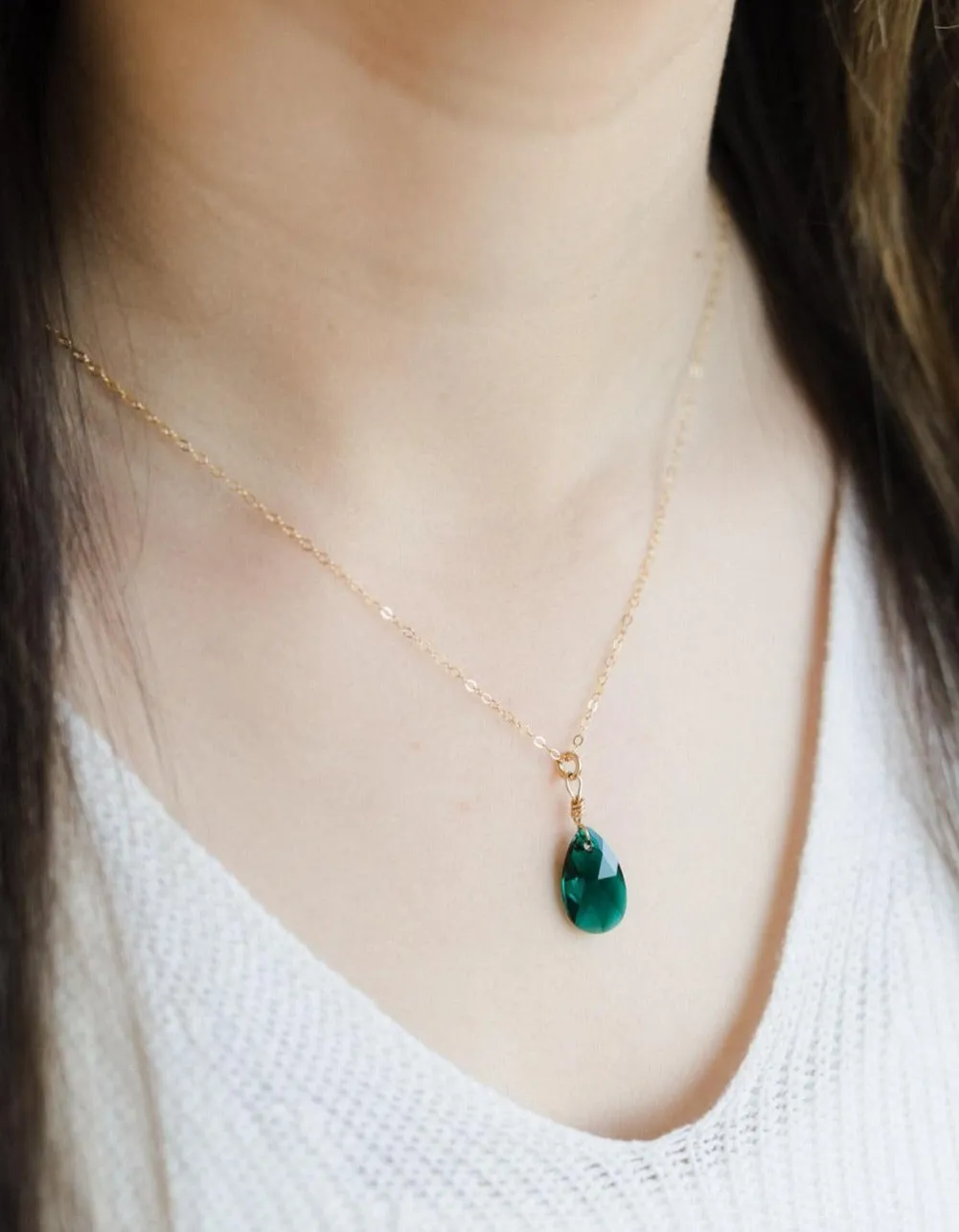 Gold Filled Emerald Green Crystal Teardrop Pendant Necklace
