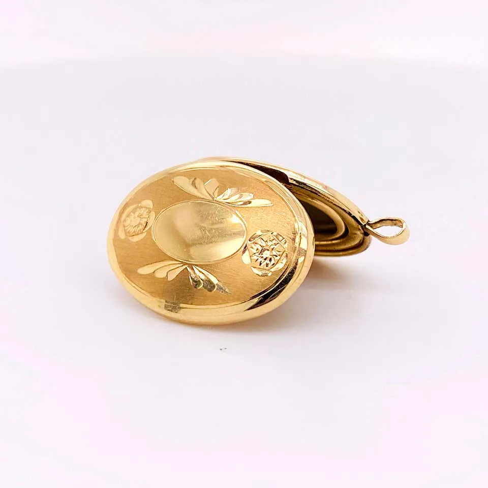 Gold Flower Locket, Vintage Inspired 14K Gold Floral Wing Oval Engraved Necklace
