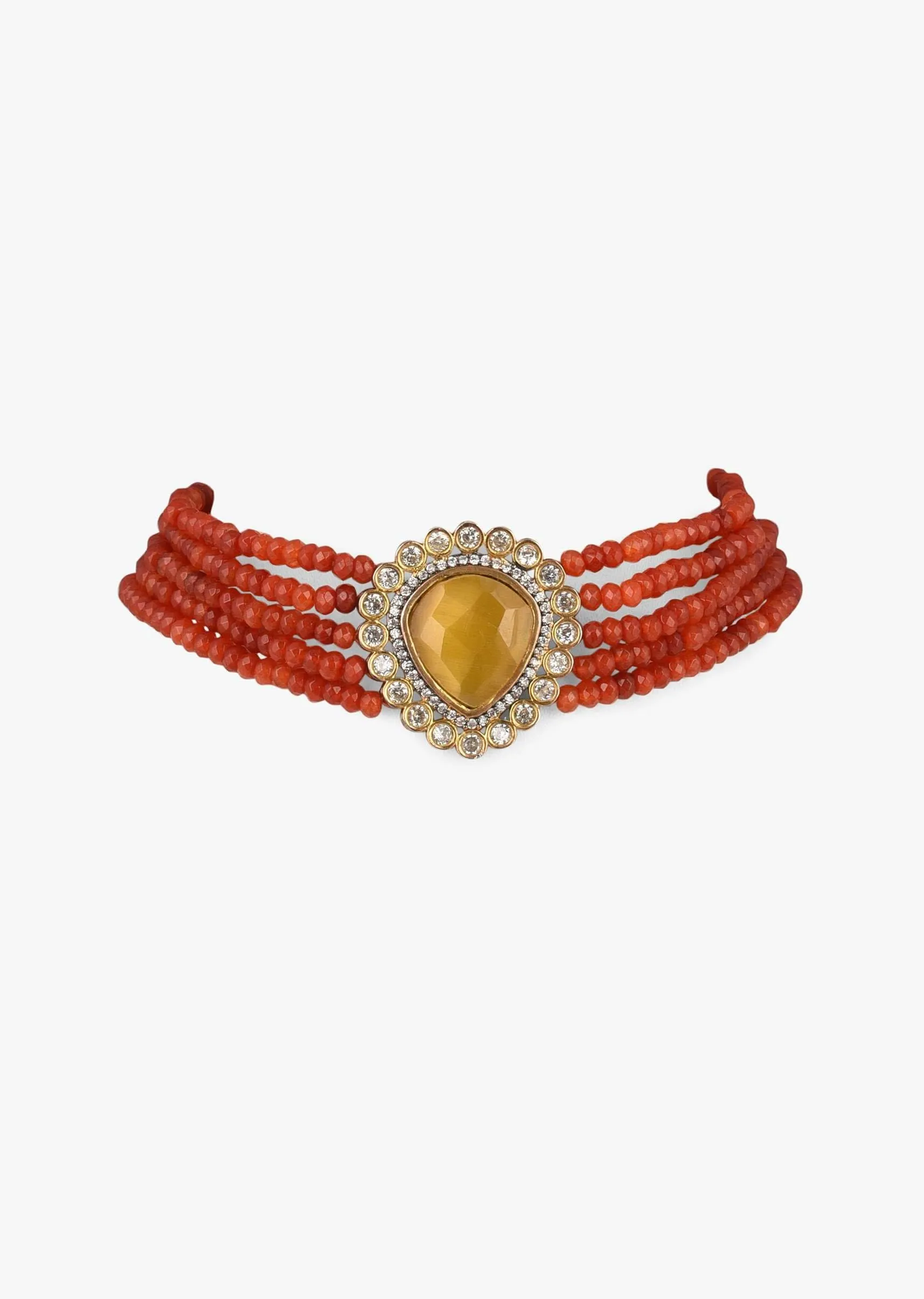 Gold Plated Choker Necklace With A Yellow Stone Centre And Coral Bead Strings