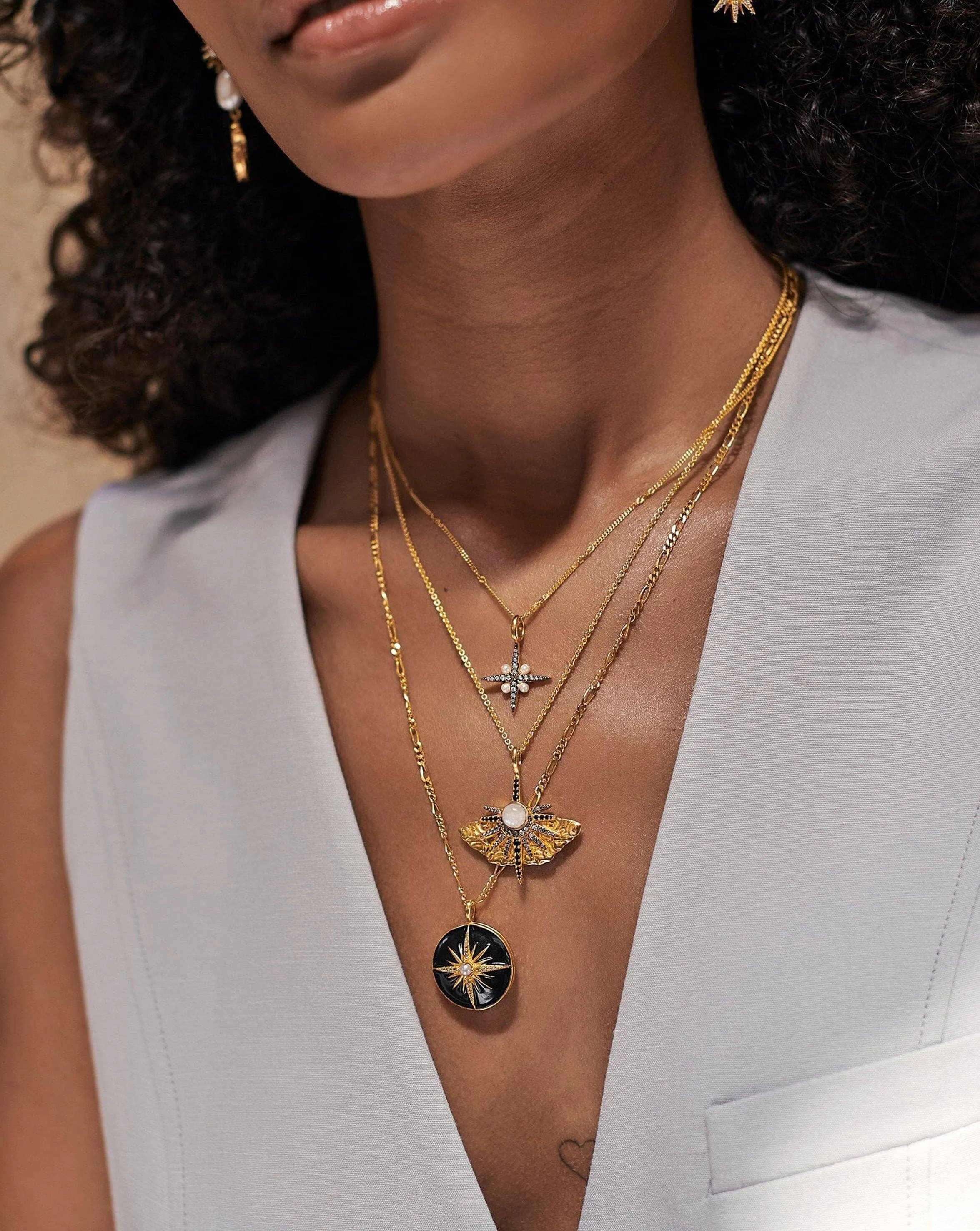 Harris Reed Rising Star Locket Necklace | 18k Gold Plated/Pearl & Black Enamel