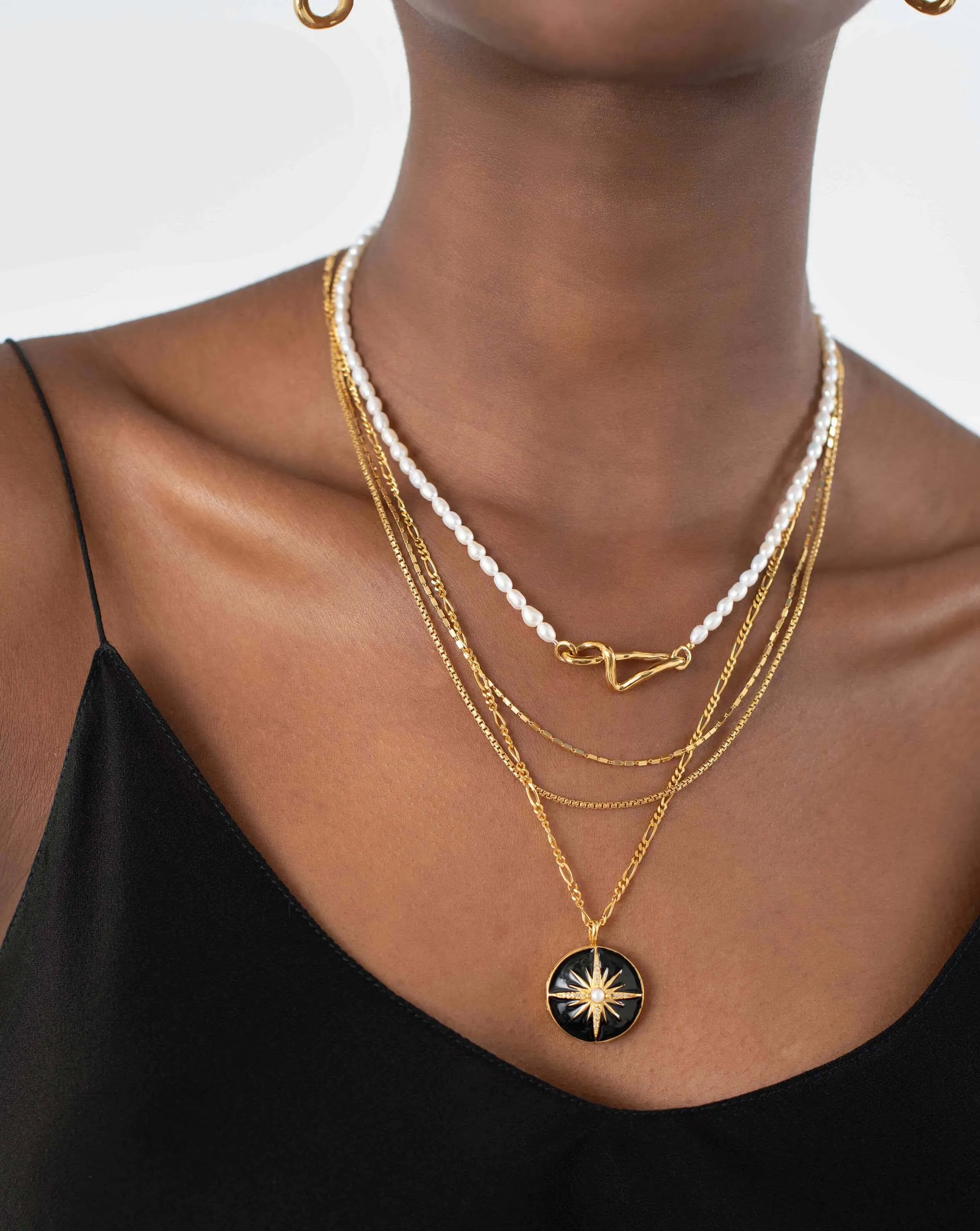 Harris Reed Rising Star Locket Necklace | 18k Gold Plated/Pearl & Black Enamel