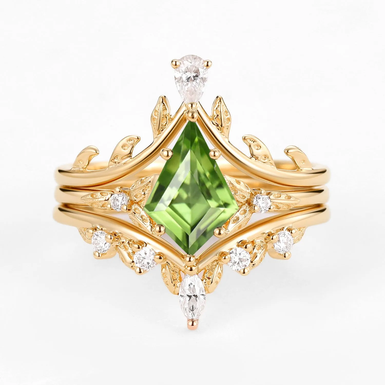 Kite Cut Peridot Leafy Engagement Ring Set 3pcs