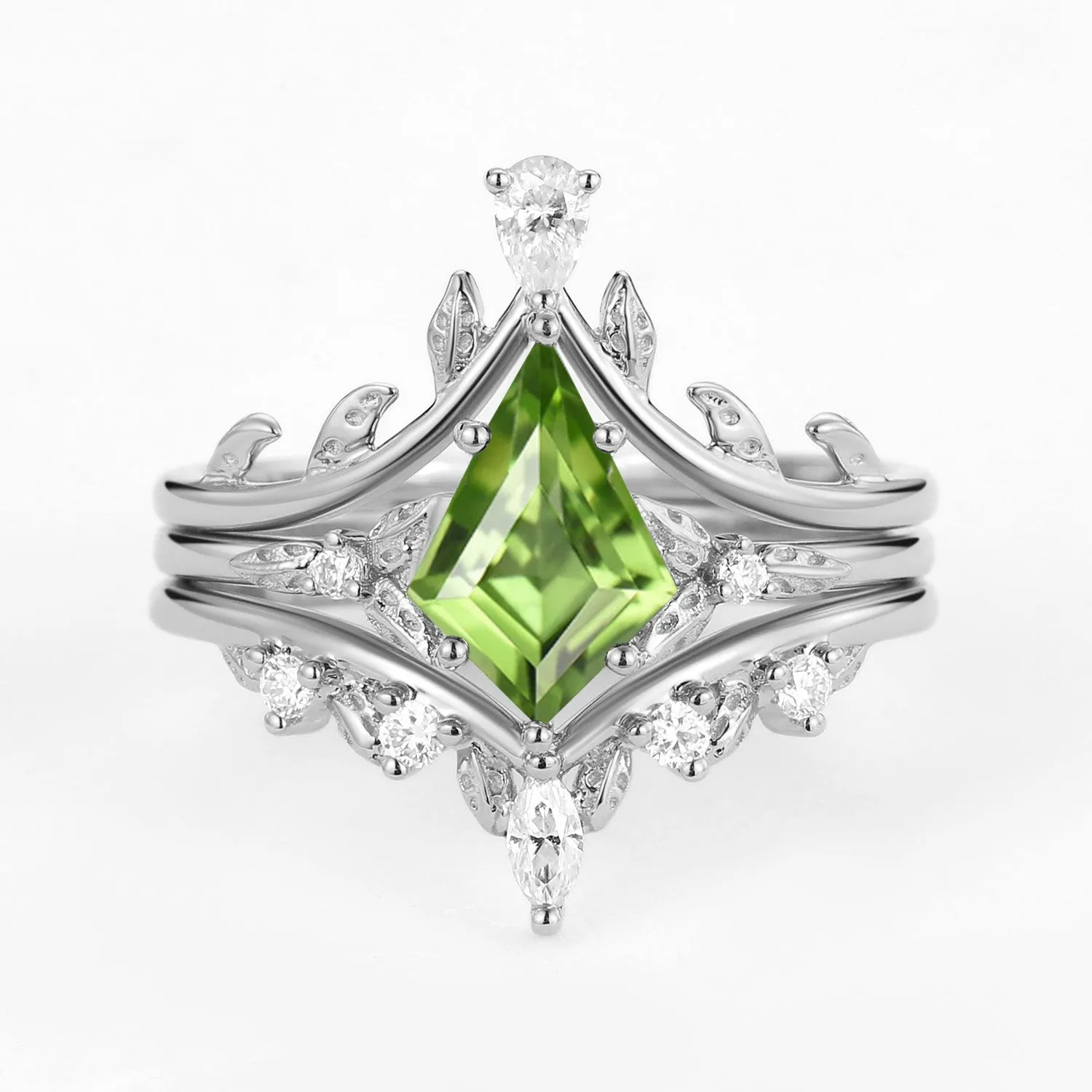 Kite Cut Peridot Leafy Engagement Ring Set 3pcs