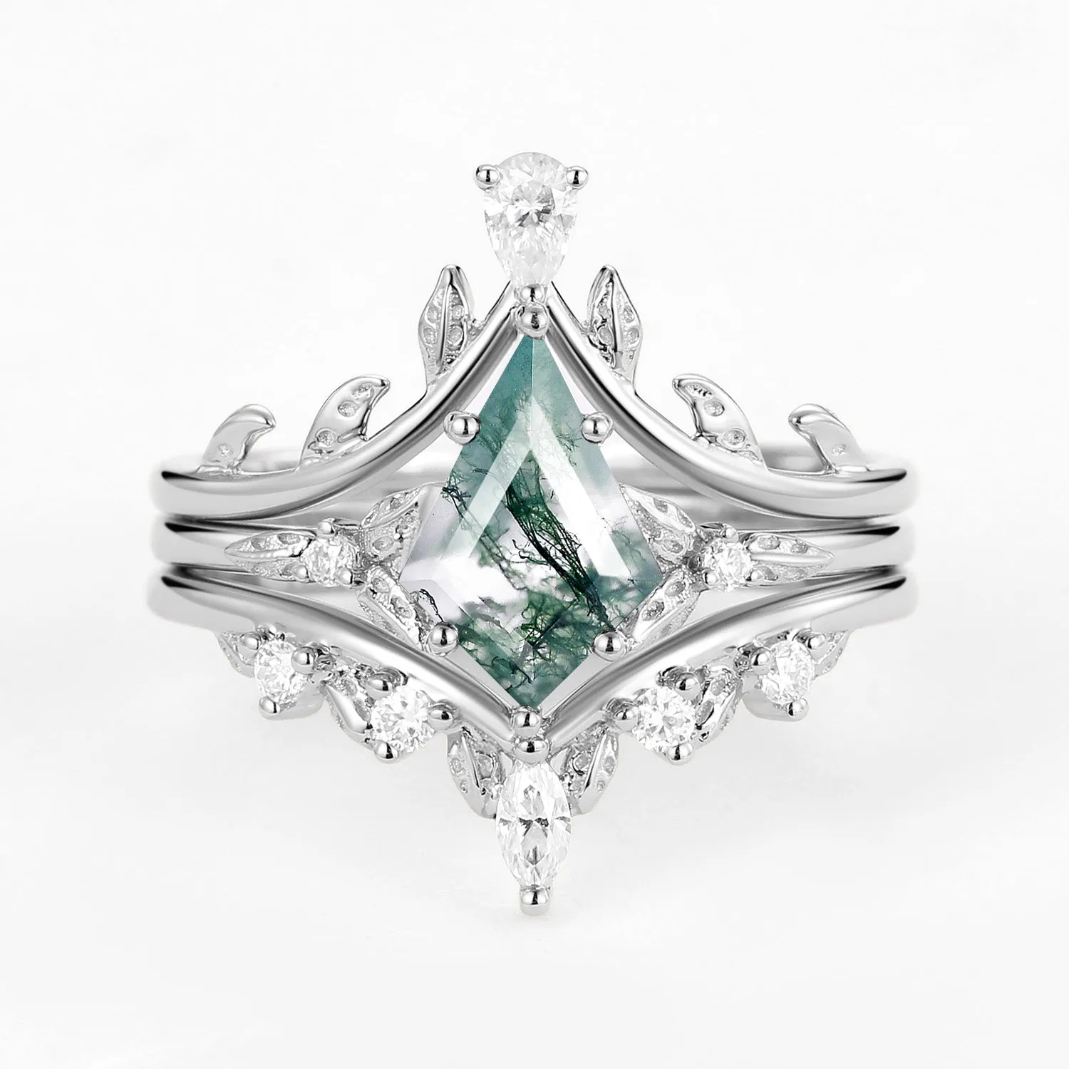 Kite Cut Peridot Leafy Engagement Ring Set 3pcs