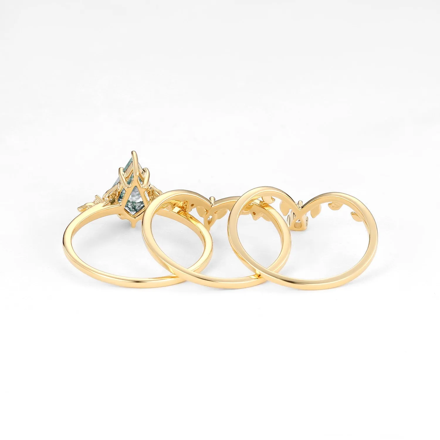 Kite Cut Peridot Leafy Engagement Ring Set 3pcs
