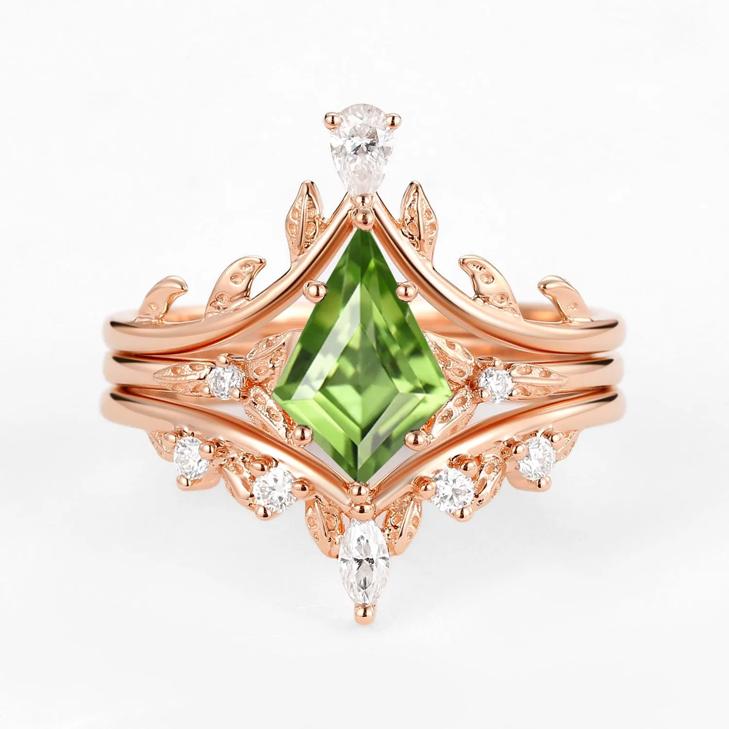 Kite Cut Peridot Leafy Engagement Ring Set 3pcs