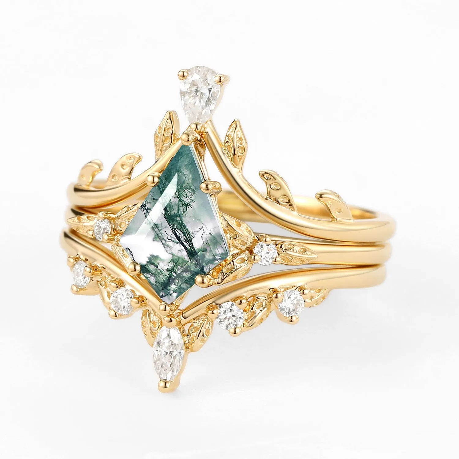 Kite Cut Peridot Leafy Engagement Ring Set 3pcs