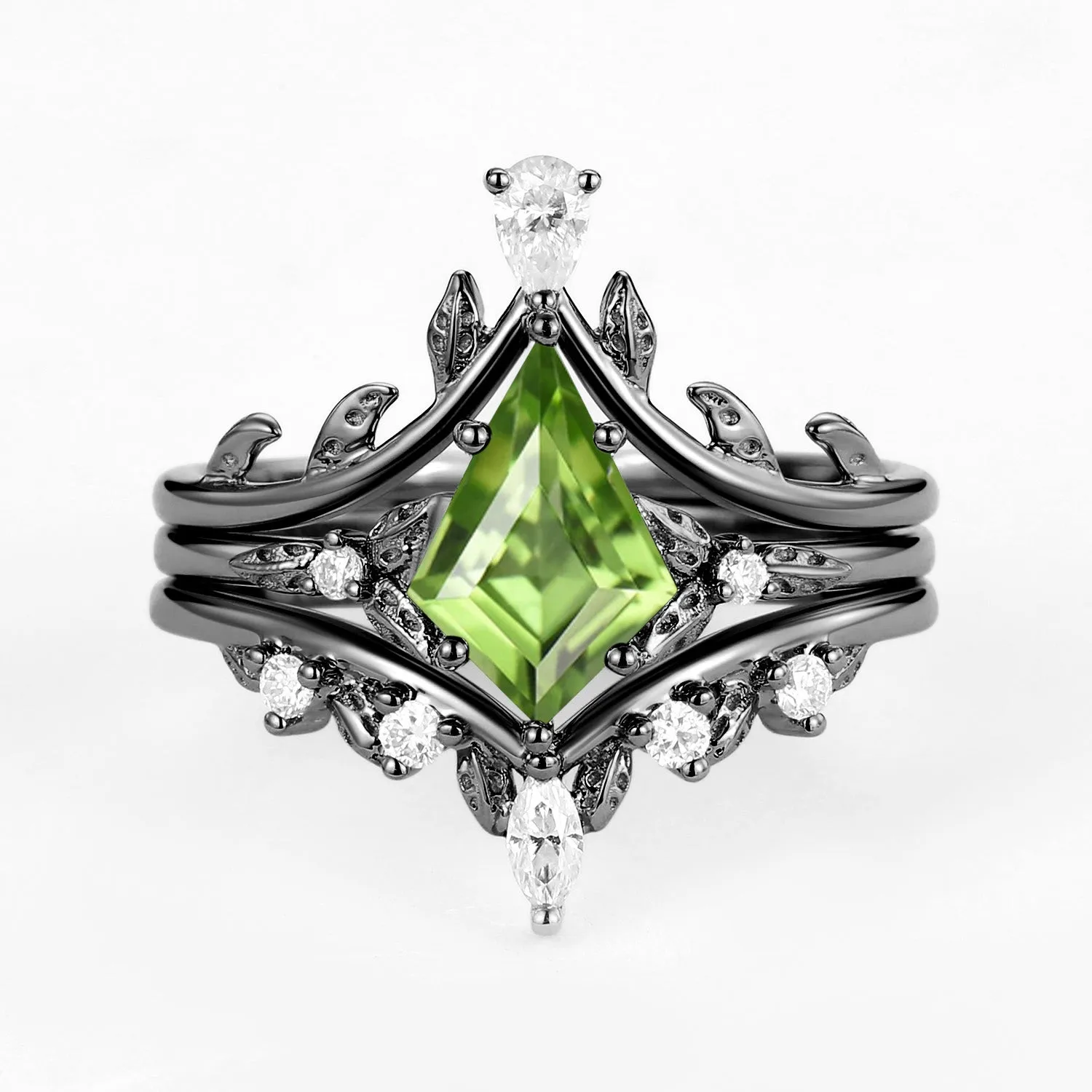 Kite Cut Peridot Leafy Engagement Ring Set 3pcs