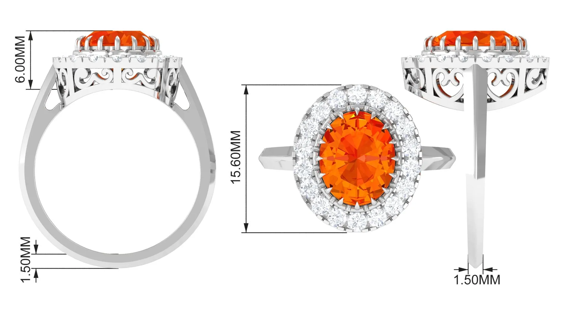 Lab Grown Orange Sapphire Vintage Engagement Ring with Moissanite Halo