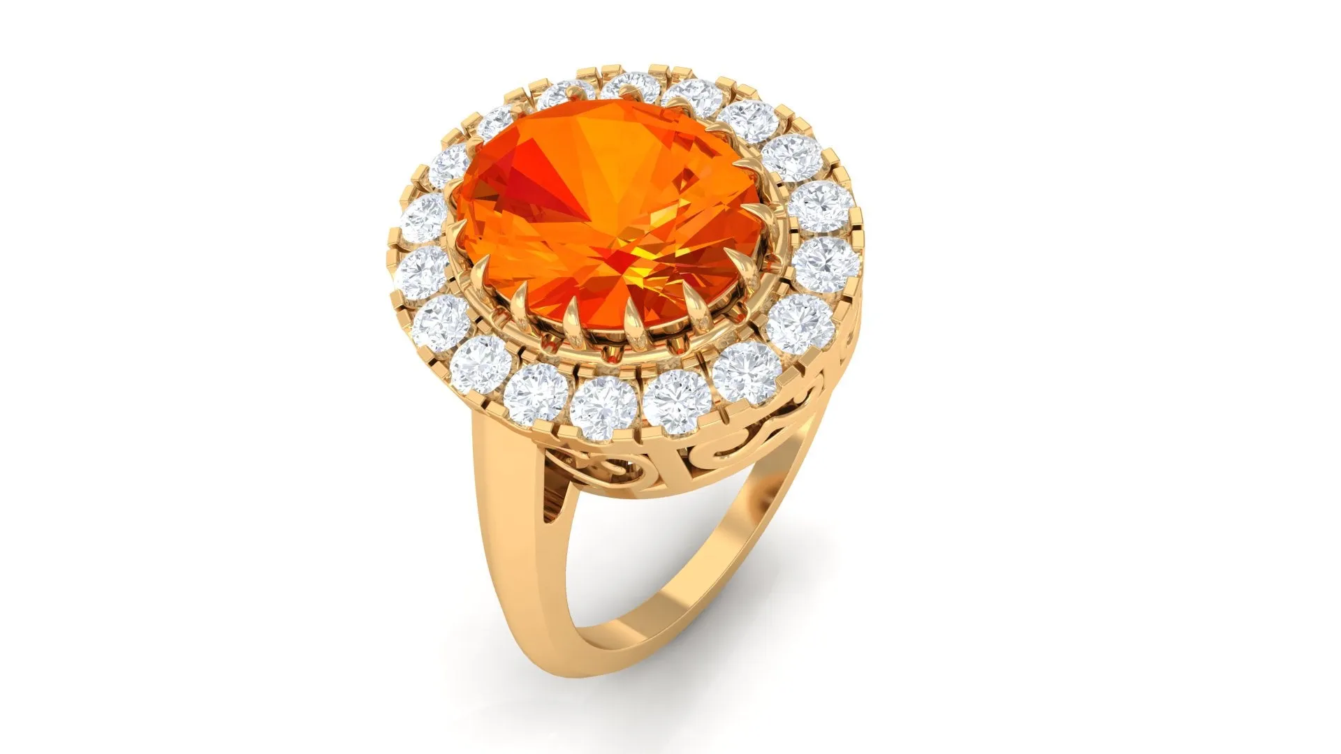 Lab Grown Orange Sapphire Vintage Engagement Ring with Moissanite Halo