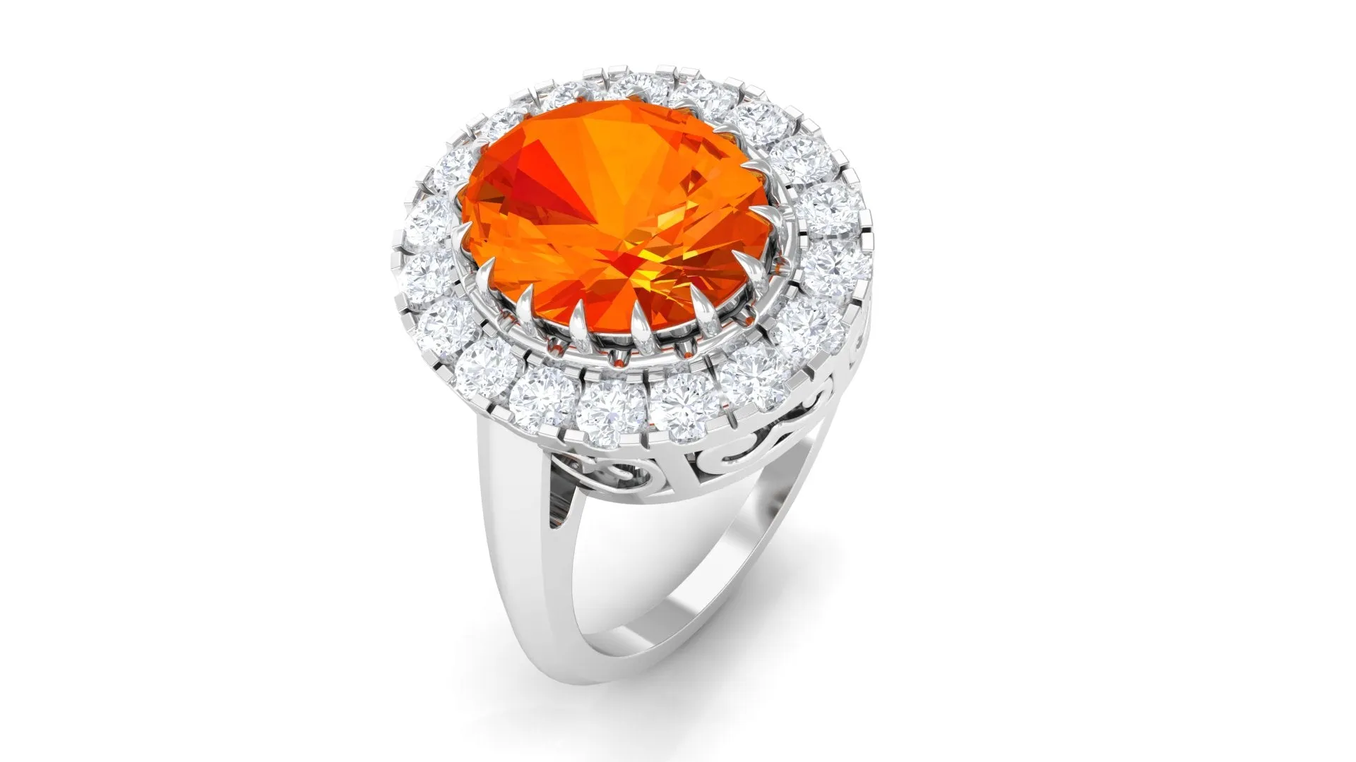 Lab Grown Orange Sapphire Vintage Engagement Ring with Moissanite Halo