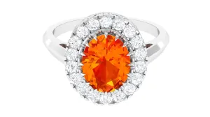 Lab Grown Orange Sapphire Vintage Engagement Ring with Moissanite Halo