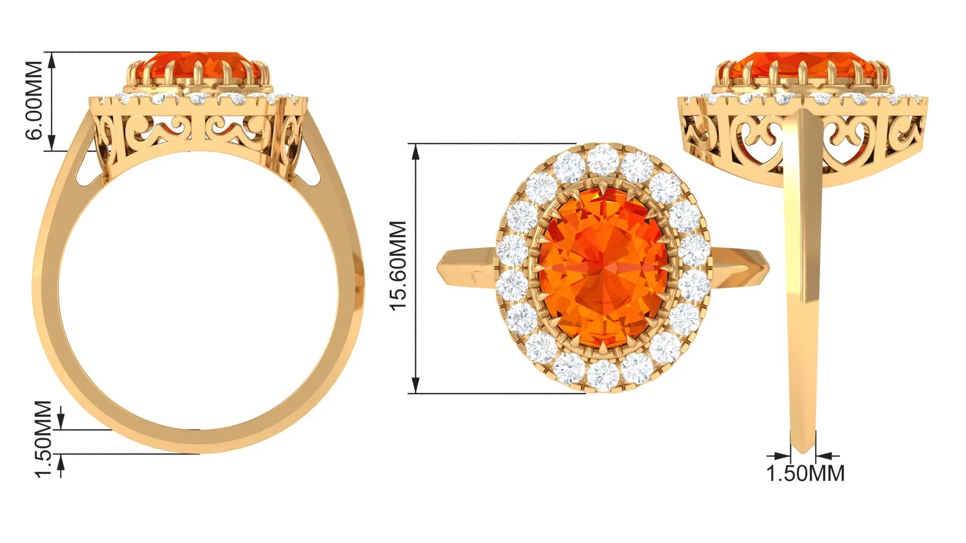 Lab Grown Orange Sapphire Vintage Engagement Ring with Moissanite Halo