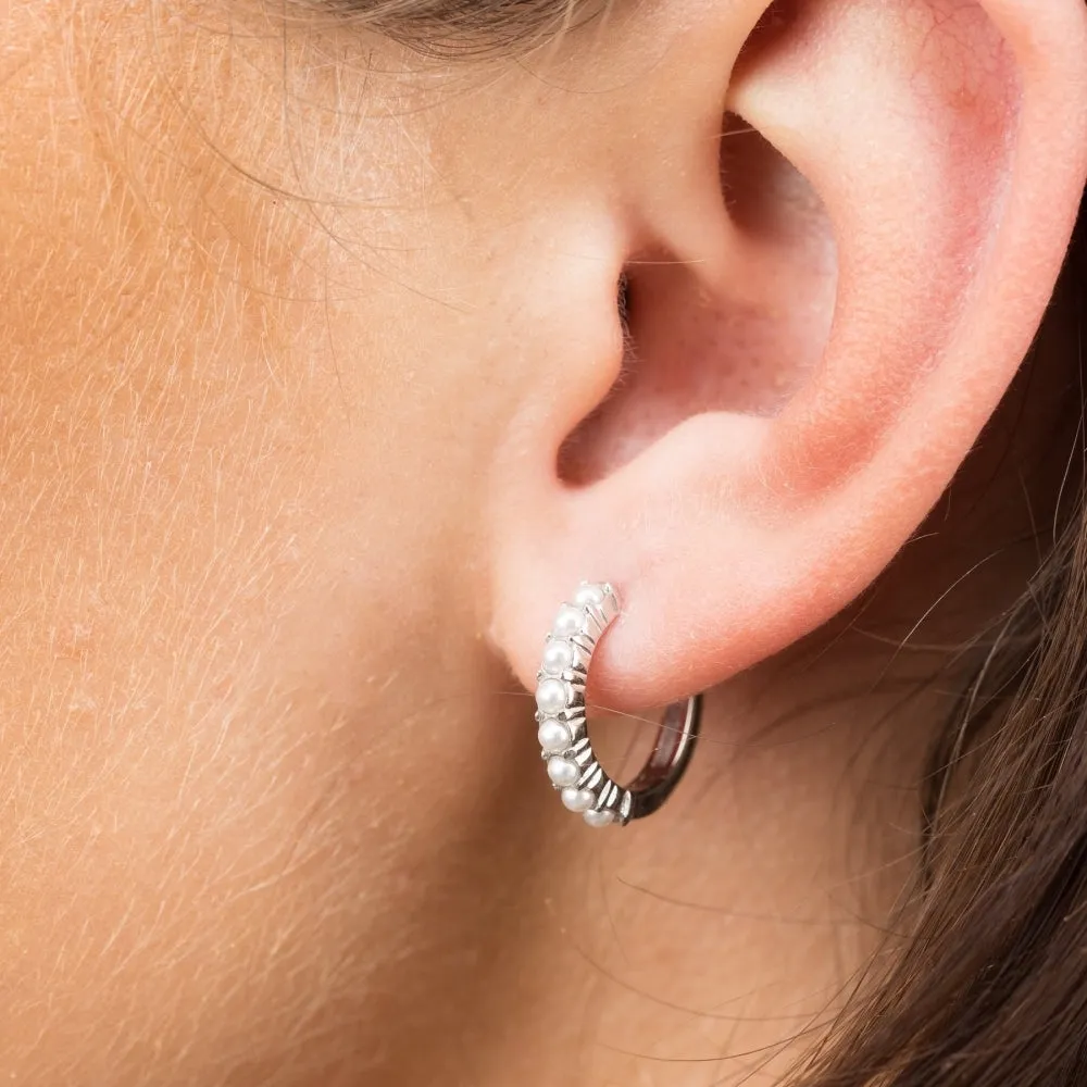 Large Pearl Huggie Hoop Earrings - Silver - SPS-74