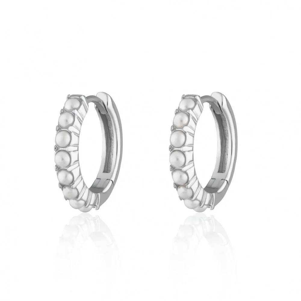 Large Pearl Huggie Hoop Earrings - Silver - SPS-74