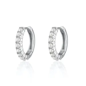 Large Pearl Huggie Hoop Earrings - Silver - SPS-74